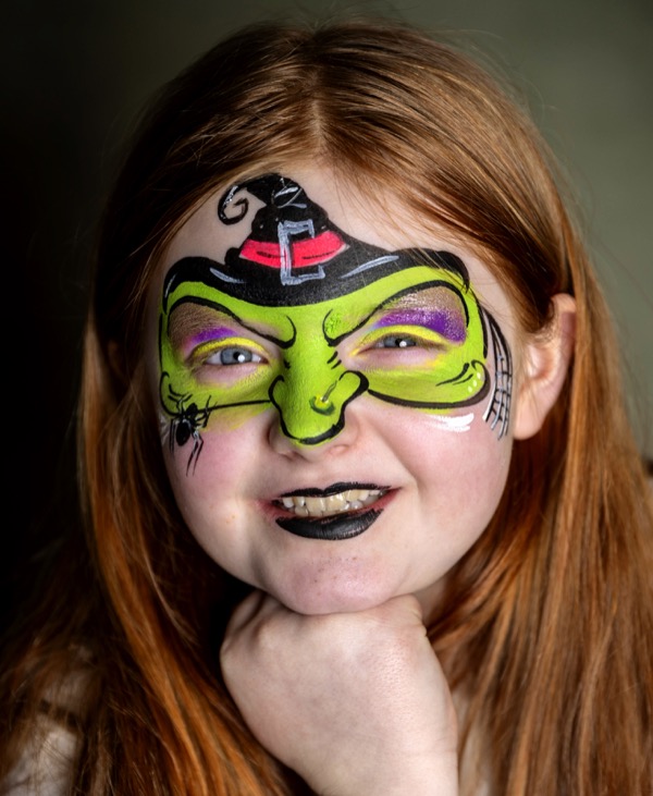 Kinderschminken Hexen-Motiv mit Hut und Spinne